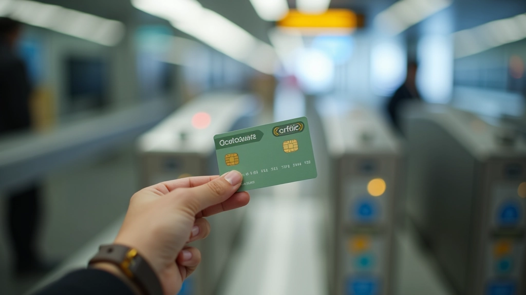 Close-up of Octopus card held in hand above MTR turnstile gate, Hong Kong station