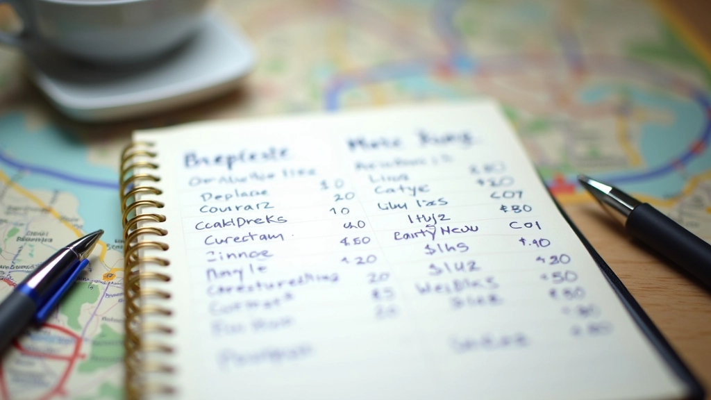 Notebook with handwritten transport expense tracking, pen, calculator, and Hong Kong MTR map