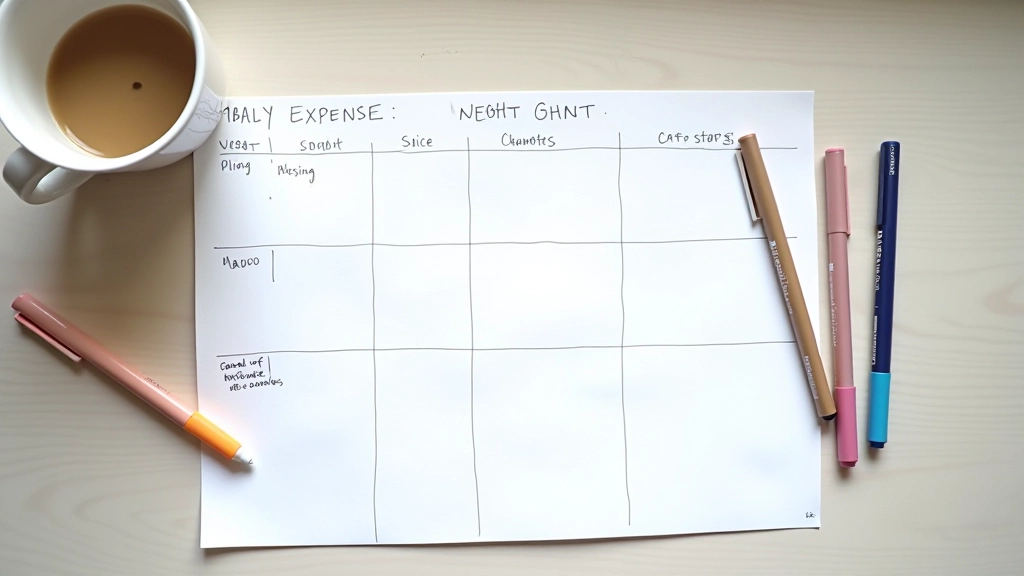Weekly expense breakdown chart on paper with coffee and highlighters on desk