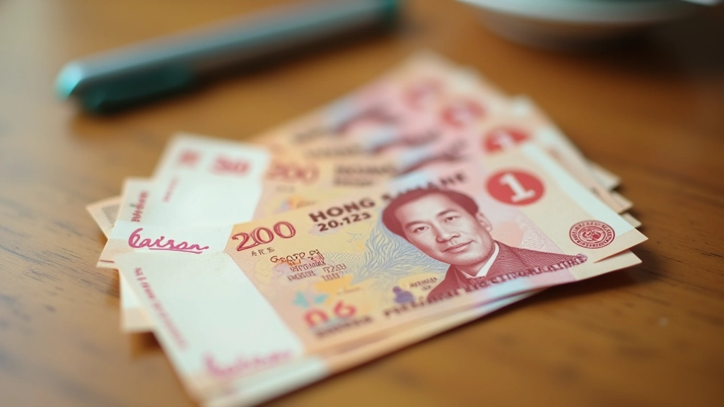 Close-up of Octopus card and Hong Kong dollar notes on wooden table, morning light