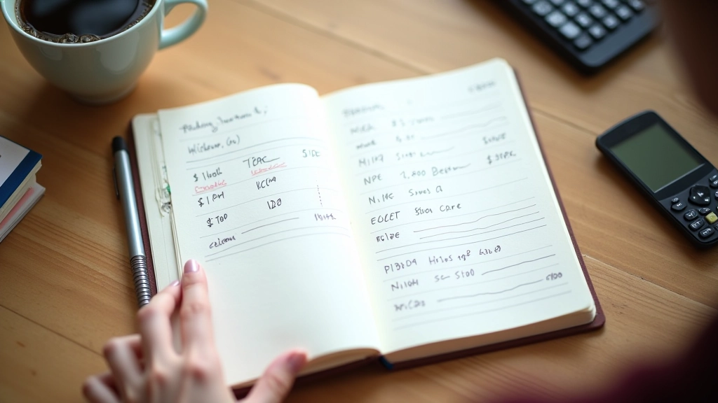 Notebook with handwritten expense notes, pen, and calculator on wooden desk with natural light