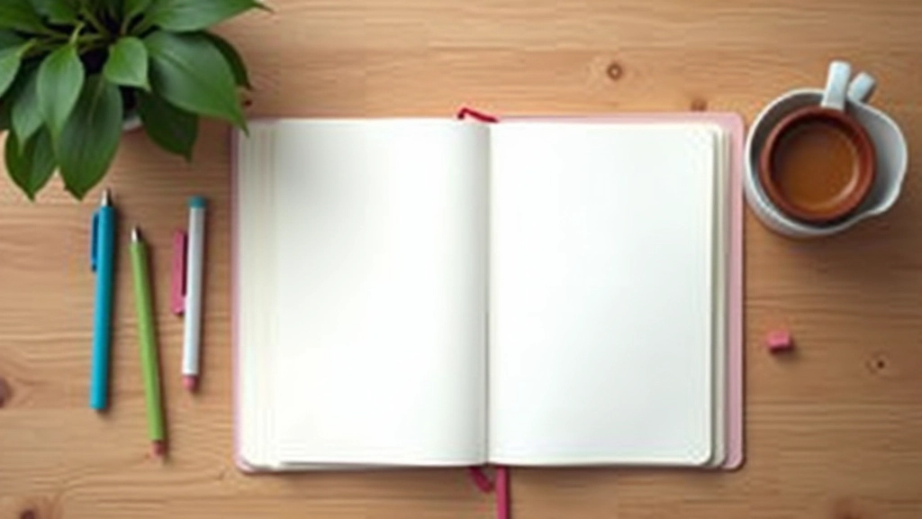 Minimalist expense tracking notebook with colored pen and coffee on clean desk, morning light, Hong Kong apartment style
