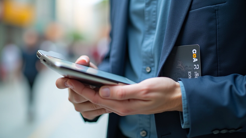 Person holding smartphone at MTR station with transport card